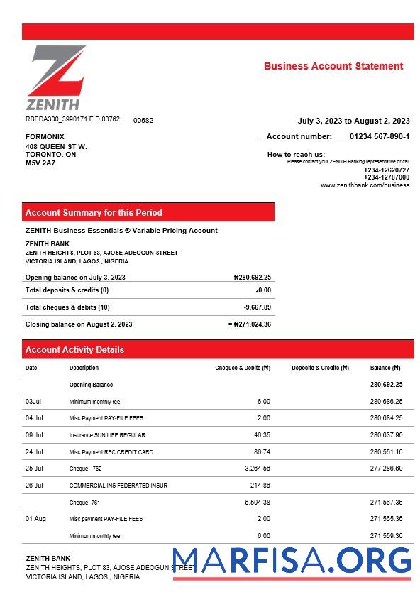 Printable Zenith Bank business checking account statement Word and PDF template